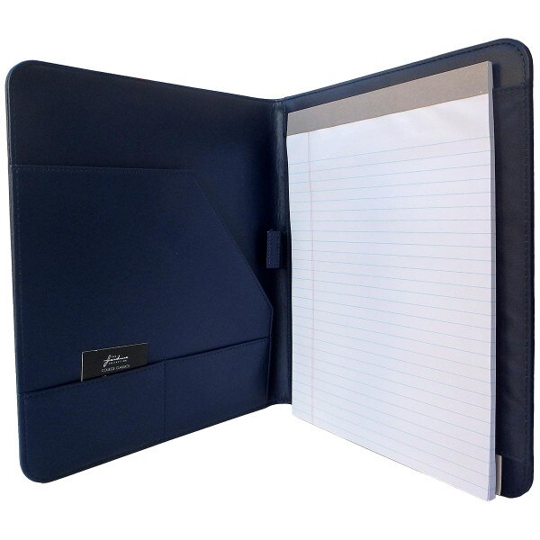 open navy portfolio with ruled paper pad
